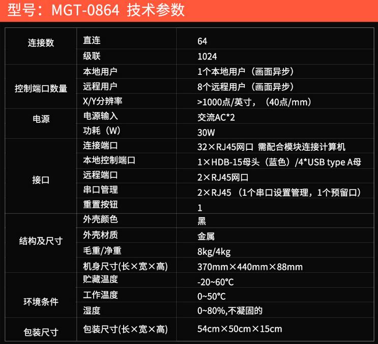 MGT-0864麥森特8遠程1本地64口kvm切換器技術規格參數